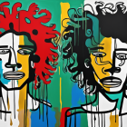 Colorful Abstract Portraits: Vibrant hues, swirling hair, closed eyes, and serene expressions divided