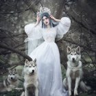 Illustrated woman with snowflake crown in snowy forest with huskies