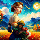 Stylized illustration of woman with autumn foliage in vibrant landscape