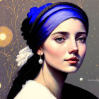 Vibrant digital portrait of a woman with blue headscarf and sparkling earrings
