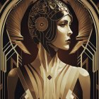 Art Deco Style Woman Illustration with Gold and Blue Stylized Headpiece