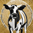 Black and White Cow Illustration with Golden Ornaments on Ornate Background