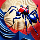 Stylized metallic blue and red ant on abstract gold and red background