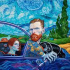 Stylized portrait of man and woman with swirling skies and vibrant colors