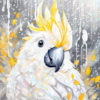 White Cockatoo with Yellow Crest in Yellow Paint Splatter on Grey Background