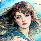 Detailed woman illustration with flowing hair and blue tones merging with water elements