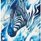 Stylized zebra illustration with bold stripes on blue splattered background