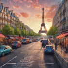 Parisian Street Sunset Scene with Eiffel Tower, Vintage Car, and Market Canal