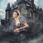 Woman with vintage hairstyle at gothic castle with birds in muted tones