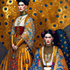Regal figures in ornate traditional attire with gold accents