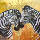 Zebras in Intimate Pose on Warm Leaf Pattern Background