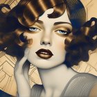 Stylized woman with curly black hair and blue eyes in golden abstract setting