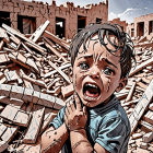 Distressed child amid rubble and destruction.