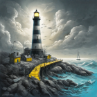 Lighthouse illustration at dusk with dramatic skies