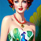 Illustration of woman with red hair in peacock-inspired attire