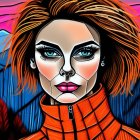 Colorful digital artwork: woman with bold makeup in orange jacket on surreal blue background.