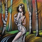 Vibrant forest scene with stylized woman and bold trees