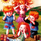 Three red-haired children running outdoors on a sunny day