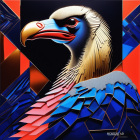 Colorful digital eagle art with geometric patterns in gold, blue, and orange on dark background