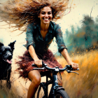 Woman with flowing hair rides bicycle with black cat in artistic illustration