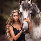 Woman in traditional attire embraces white horse against moody background