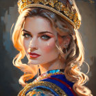 Blonde woman with golden crown and jewels on blurred background