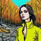 Digital Artwork of Woman in Yellow Jacket Among Autumn Trees