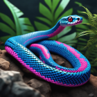 Vibrant Blue and Pink Snake Illustration Among Green Foliage