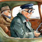 Elderly gentlemen in vintage attire driving old-fashioned car