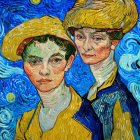 Two women with blue eyes in vintage hats against Van Gogh-style background