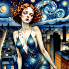 Stylized portrait of a woman in blue dress with backdrop