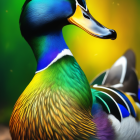 Colorful Duck with Glossy Plumage on Green and Yellow Background