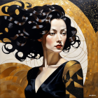 Dark-haired woman with red lips in gold and black swirl backdrop