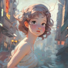 Young woman with curly hair in digital artwork gazes at viewer with cityscape backdrop