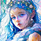 Blue Ombre Hair Anime Character with Flower Adornments