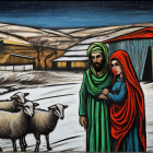 Colorful painting: Two women in traditional attire with sheep in pastoral landscape.