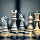 Chess pieces - knights and queen on glossy chessboard with selective focus