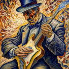 Stylish person with sunglasses and hat playing guitar in vibrant colors