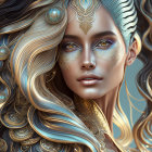 Woman with ornate gold jewelry, elaborate hairstyle, and striking makeup in elegant fantasy illustration