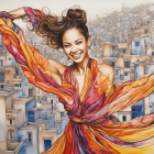 Colorful Dress Woman Dancing Amid Cityscape Buildings