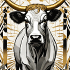 Stylized cow with golden horns and headpiece on geometric gold and white backdrop