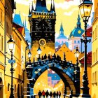 European street painting: vibrant dusk scene with ornate tower and glowing streetlamps