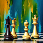 Chess Pieces on Checkered Surface with Colorful Vertical Streaks