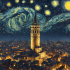 Starry night sky over town with tower in stylized artwork