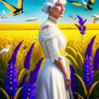 Surreal illustration of elegant woman in vibrant field