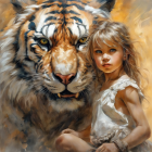 Young girl with wavy hair beside tiger in golden shimmer