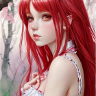 Digital Artwork: Red-Haired Girl in Lace Dress with Floral Accessories