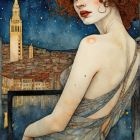 Stylized artwork of woman with curly hair in night sky cityscape