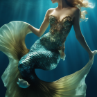 Ethereal underwater scene: golden-haired mermaid with green tail, illuminated by sunlight