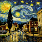 Vibrant painting of starry night sky over quiet village